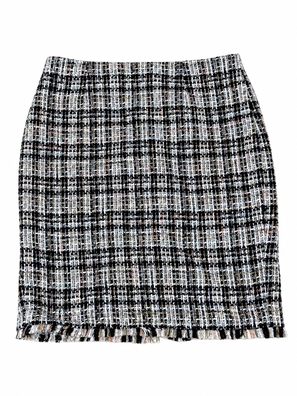 Calvin Klein Black & White Tweed Pencil Skirt with Fringe Hem Size 6P